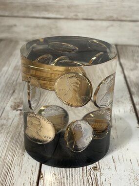 Vtg 1979 Lucite Acrylic Cylinder Penny Paperweight 2.25” Mid-Century Modern